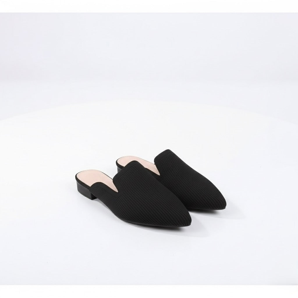 Women Point Toe Mule Flats, Elegant Black Fabric Flat Shoes