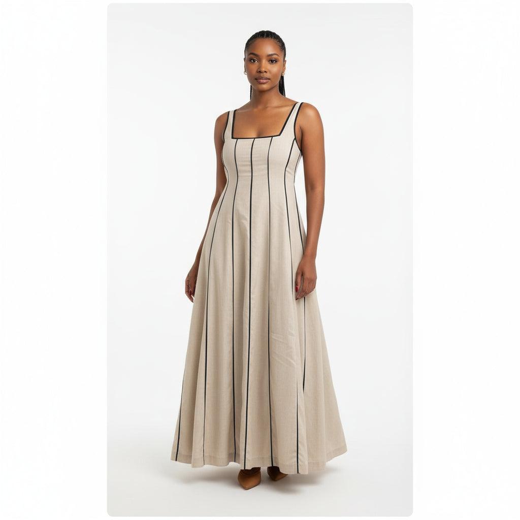 Sleeveless Striped Contrast Binding Midi Dress