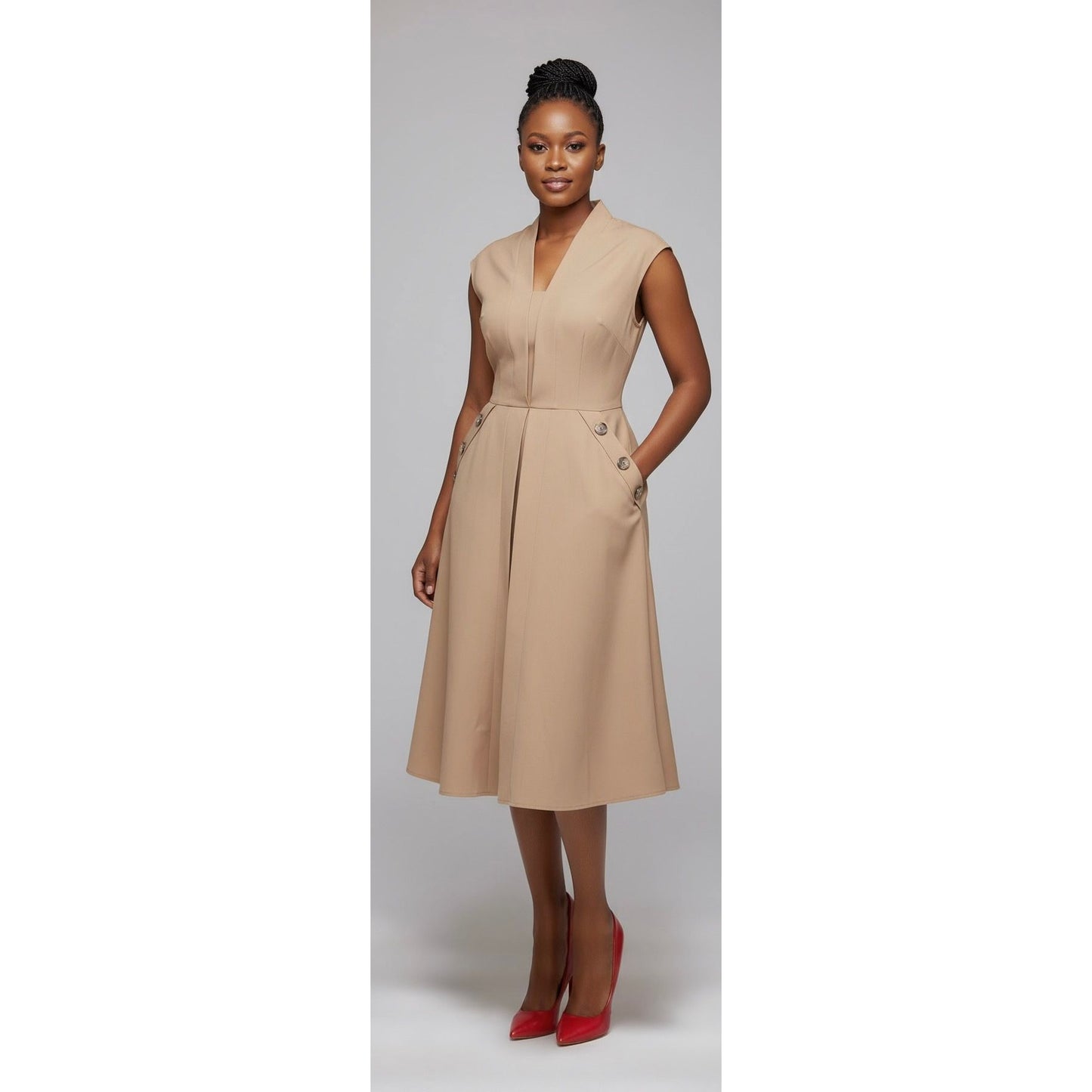 Sleeveless Ruffle Front Trim Button Sexy Midi Dress