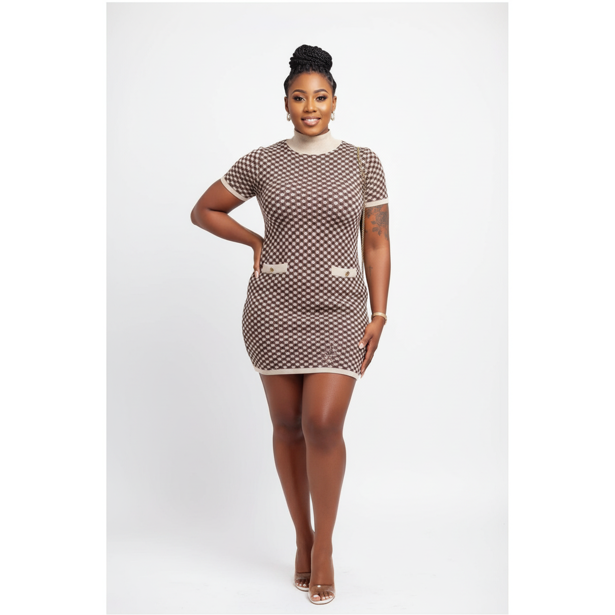 Mock-Neck Plaid Knit Mini A-Line Dress