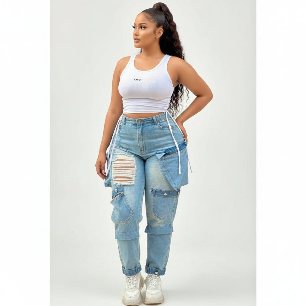 Ripped Pockets detailed Denim Trousers