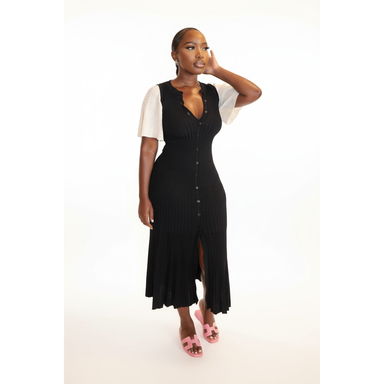 Bodycon Button Short Sleeve Knitted Maxi Dress