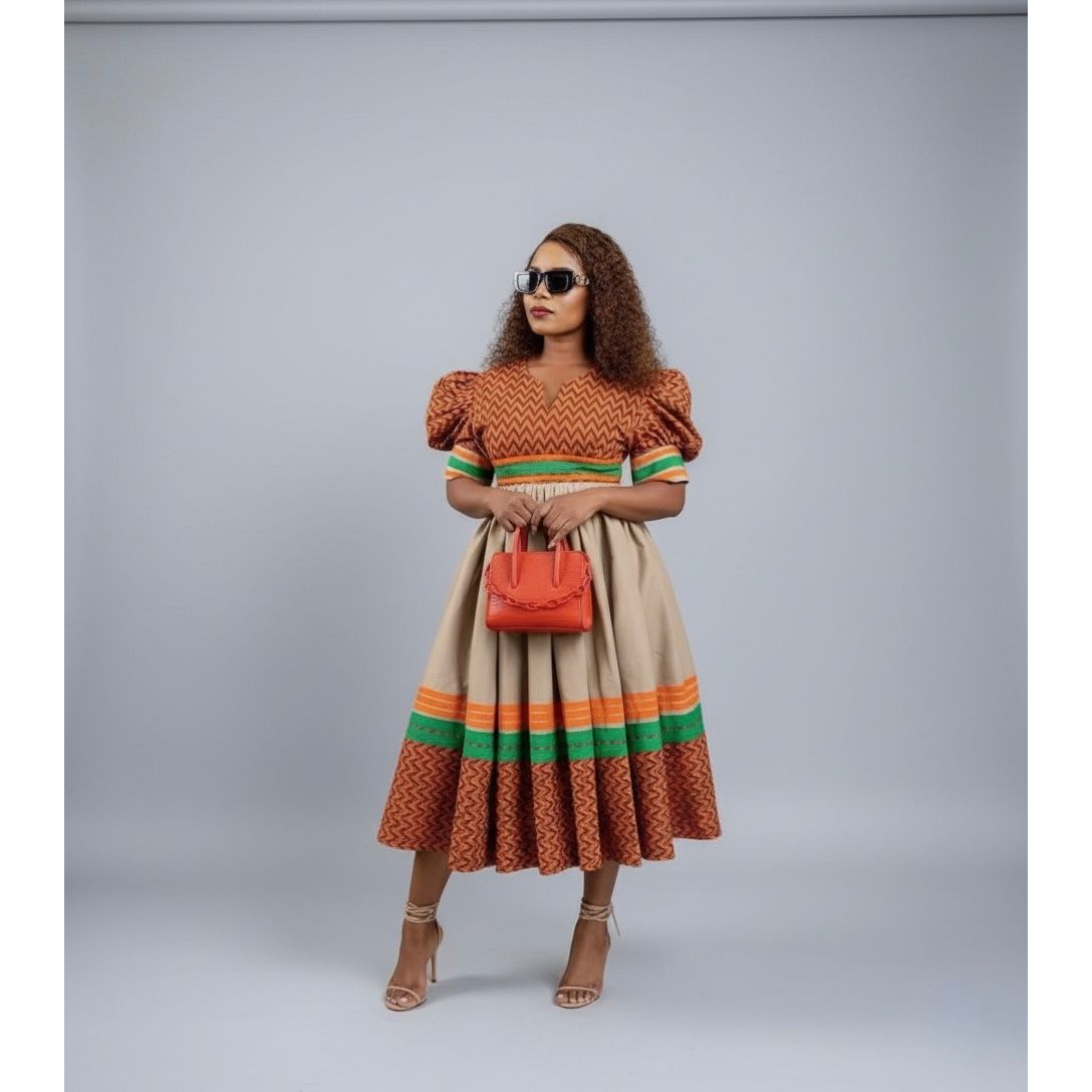 Ankara Print Puff Sleeve Midi Dress