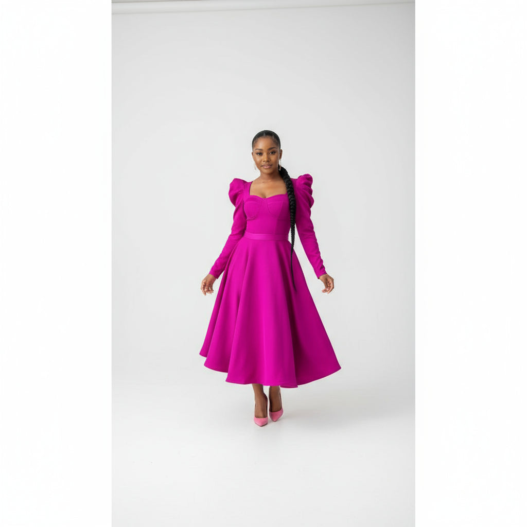 Puffy Shoulder Long Sleeve Midi Dress.