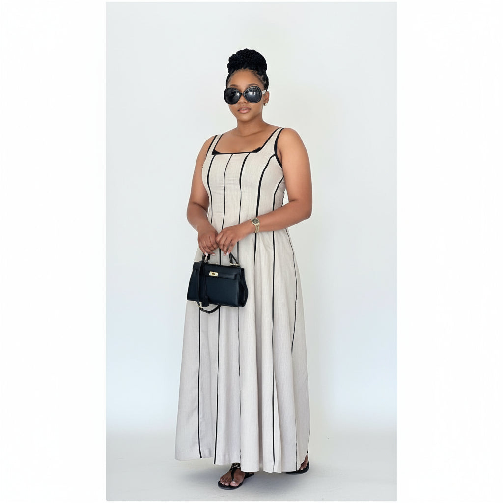A woman wearing a sleeveless striped contrast binding midi dress with spaghetti straps, paired with sunglasses and a small black handbag.
