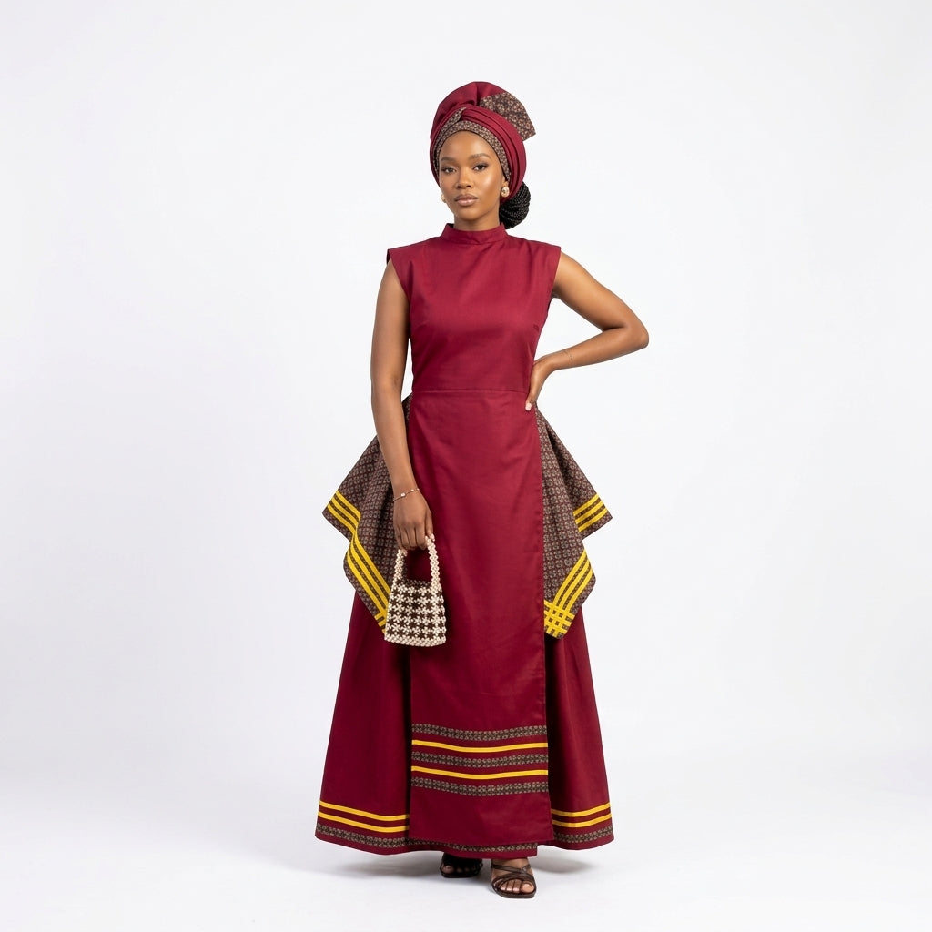 Sleeveless African-Style Maxi Dress with Patterned Drapes