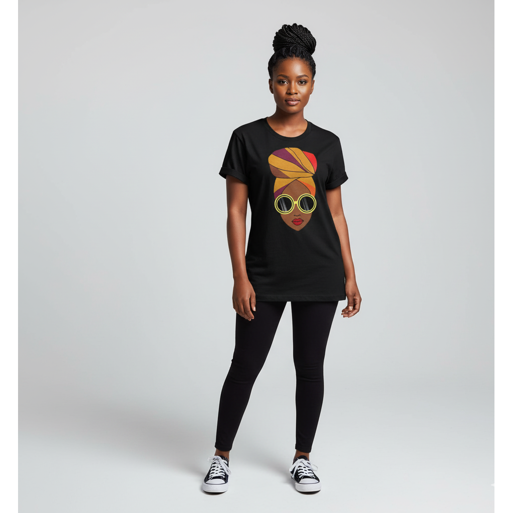 Person wearing a black t-shirt with a colorful graphic design on a plain background