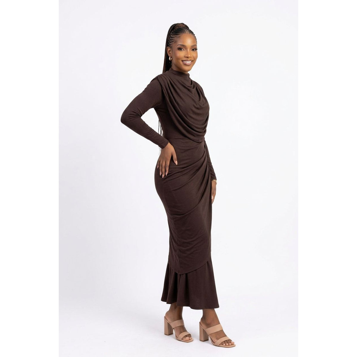 Long-Sleeve Cowl-Neck Ruched Mermaid Dress