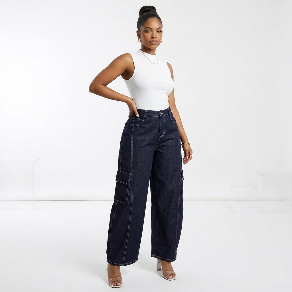 High-Waisted Wide-Leg Cargo Jeans with Contrast Stitching