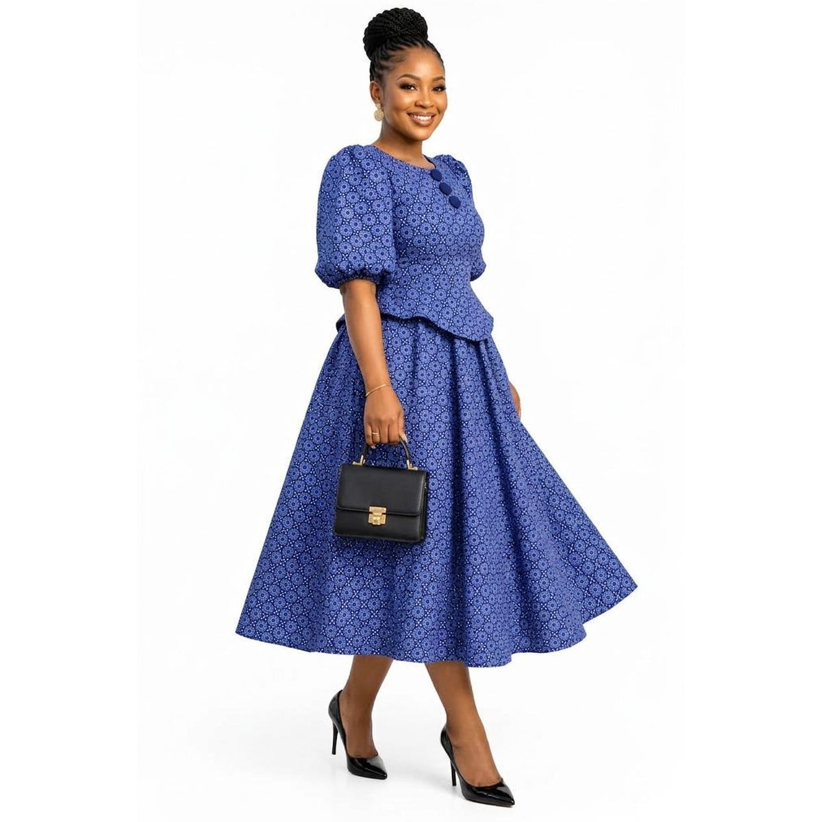 African Print Peplum Puff Sleeve Traditional Midi Dress