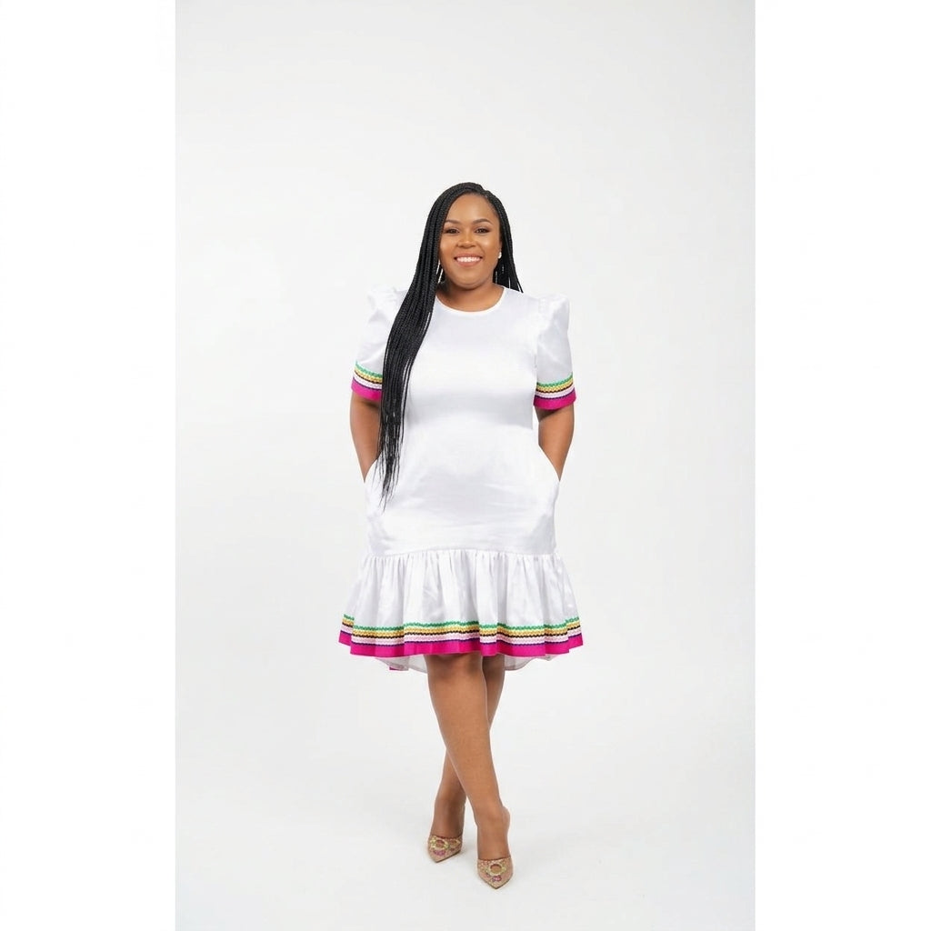 Round-Neck Short-Sleeve Traditional Knee-Length Dress
