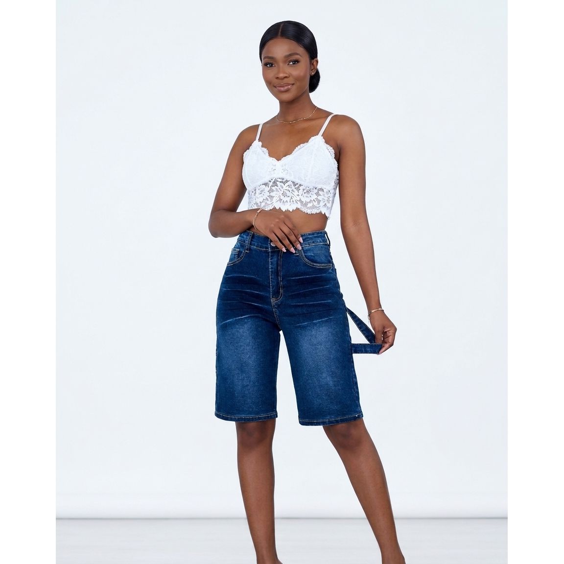 High-Waisted Stretch Denim Bermuda Shorts with Utility Pockets