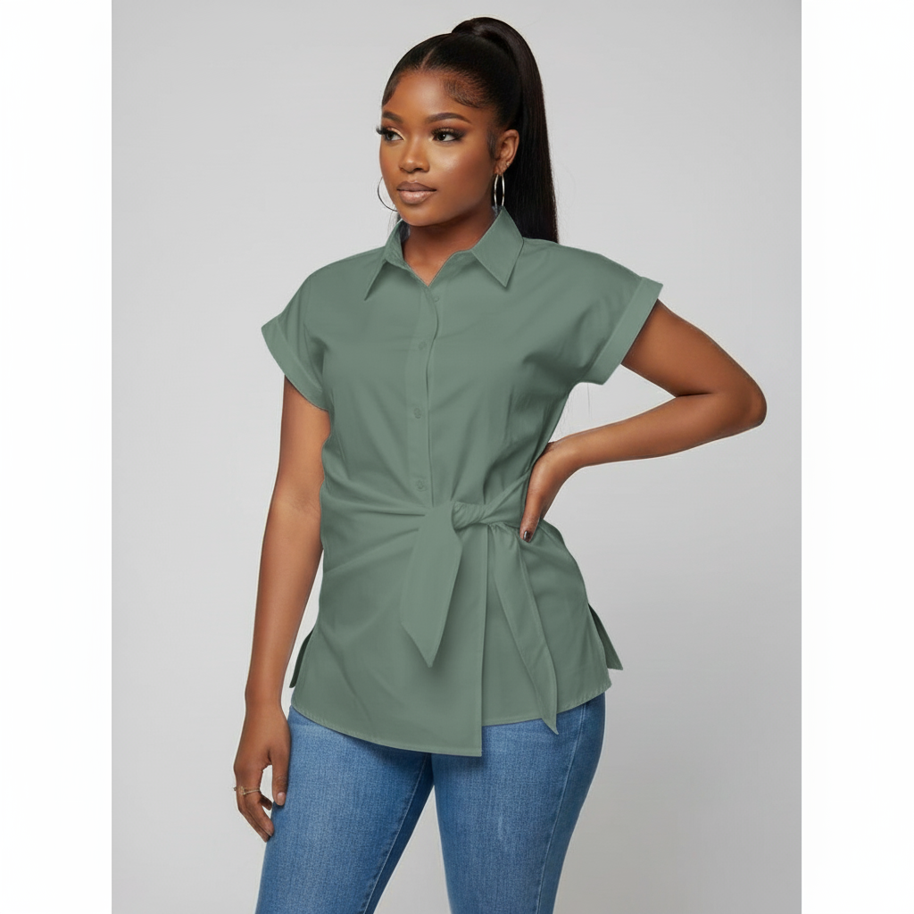 Casual Short Sleeve Turn Down Collar Office Lady Blouse Tops