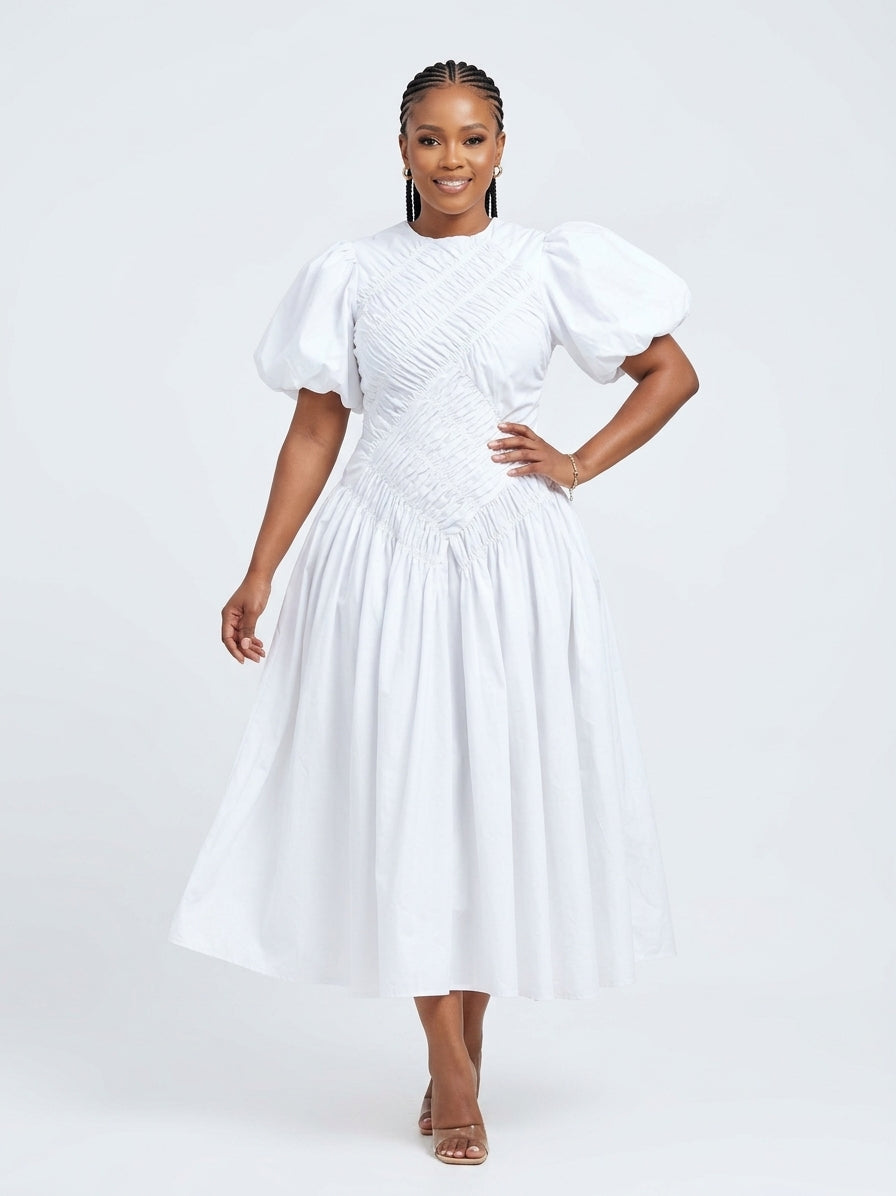 Puff Sleeve Maxi Dress with Asymmetric Drawstring Waist