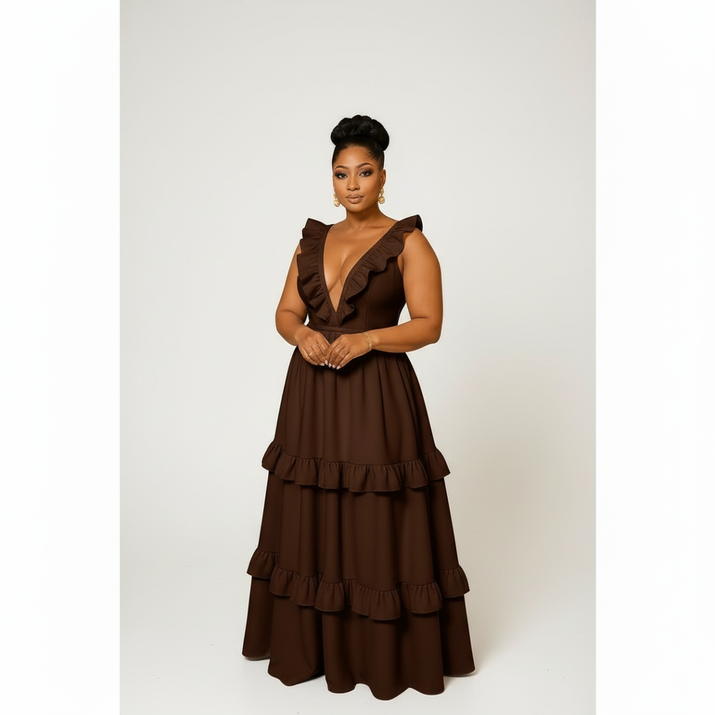 Deep V-neck Sleeveless Ruffle Maxi Dress