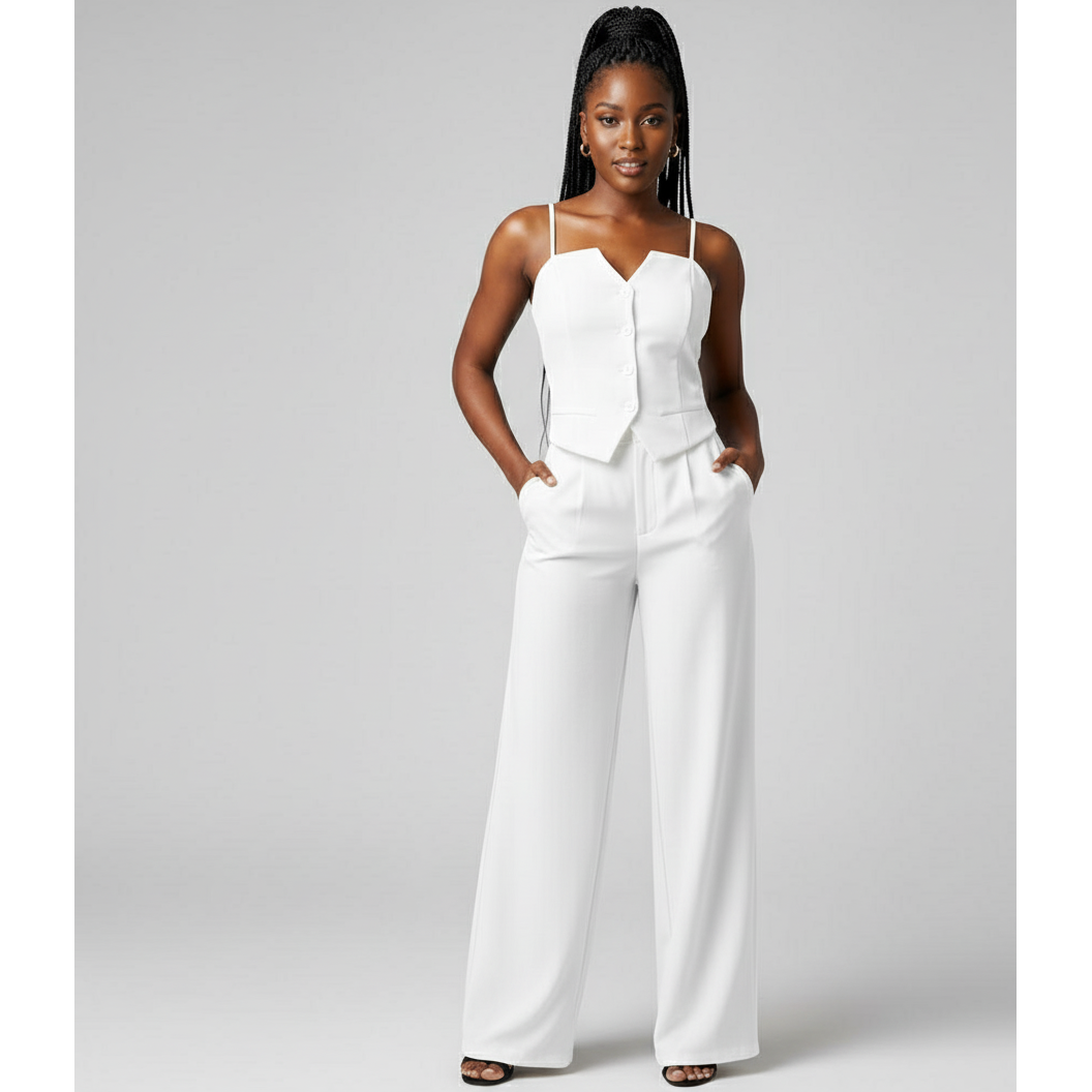 Woman wearing a white outfit on a gray background