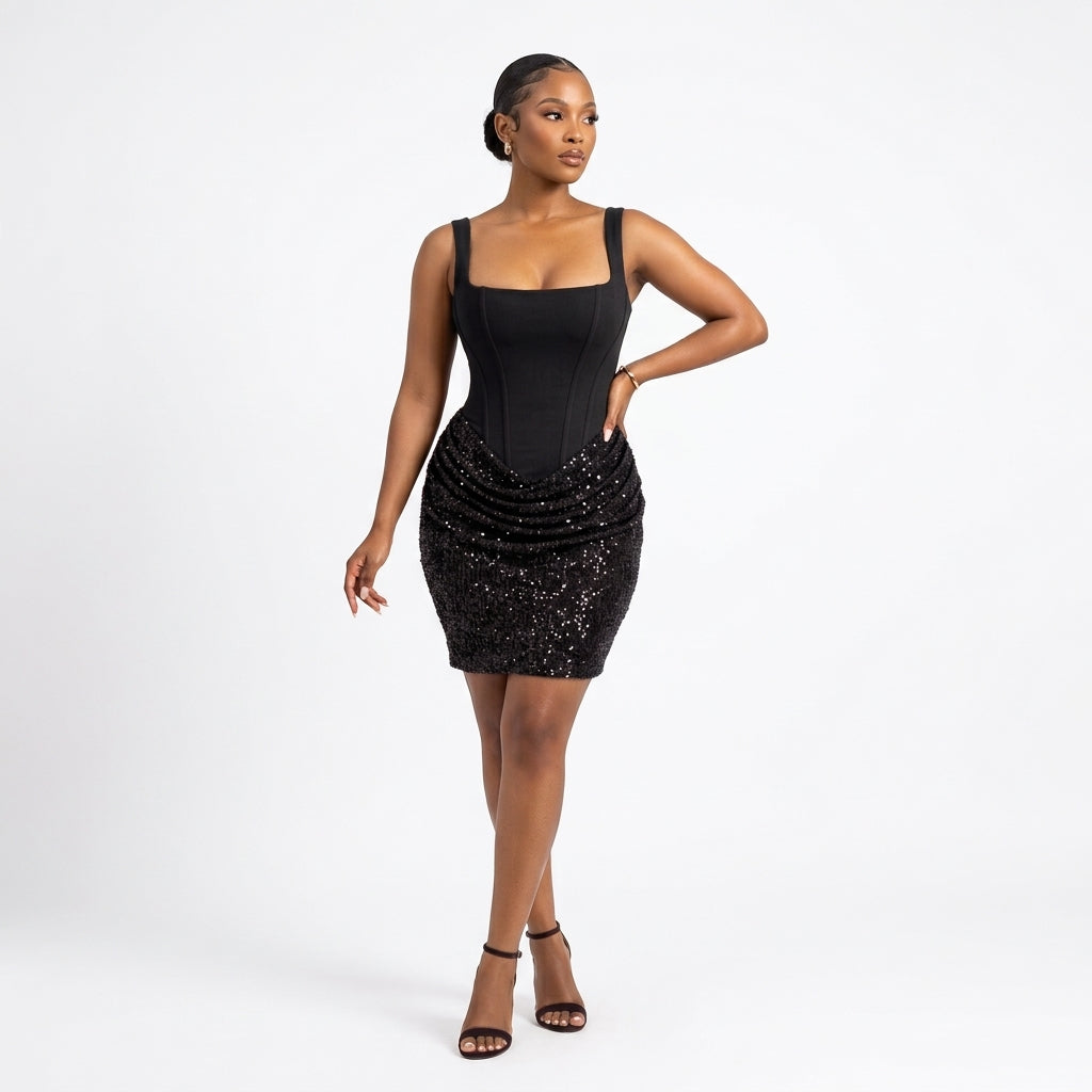 Corset-Style Bodycon Mini Dress with Sequin-Draped Skirt
