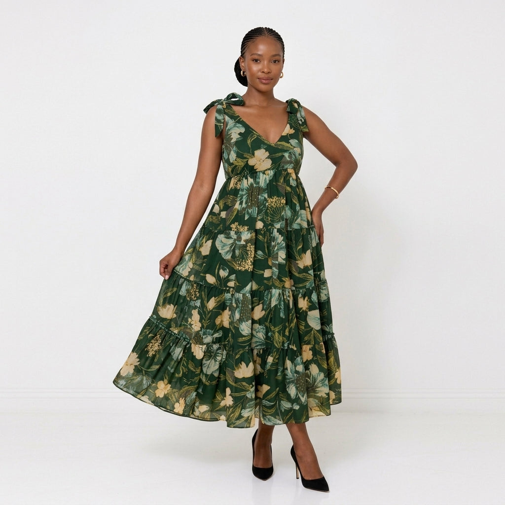 Floral V-Neck Tiered Maxi Dress with Tie Straps