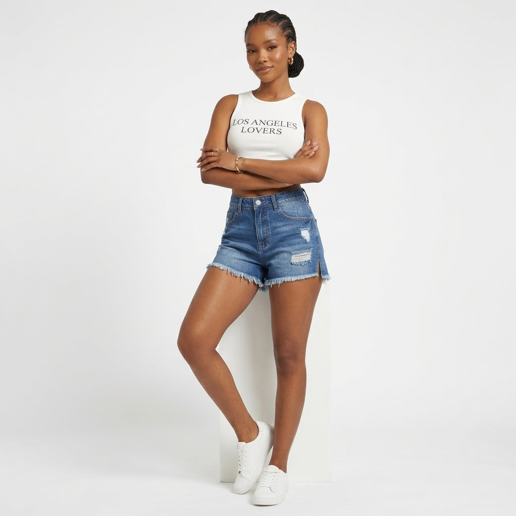 High-Waisted Frayed-Hem Denim Shorts