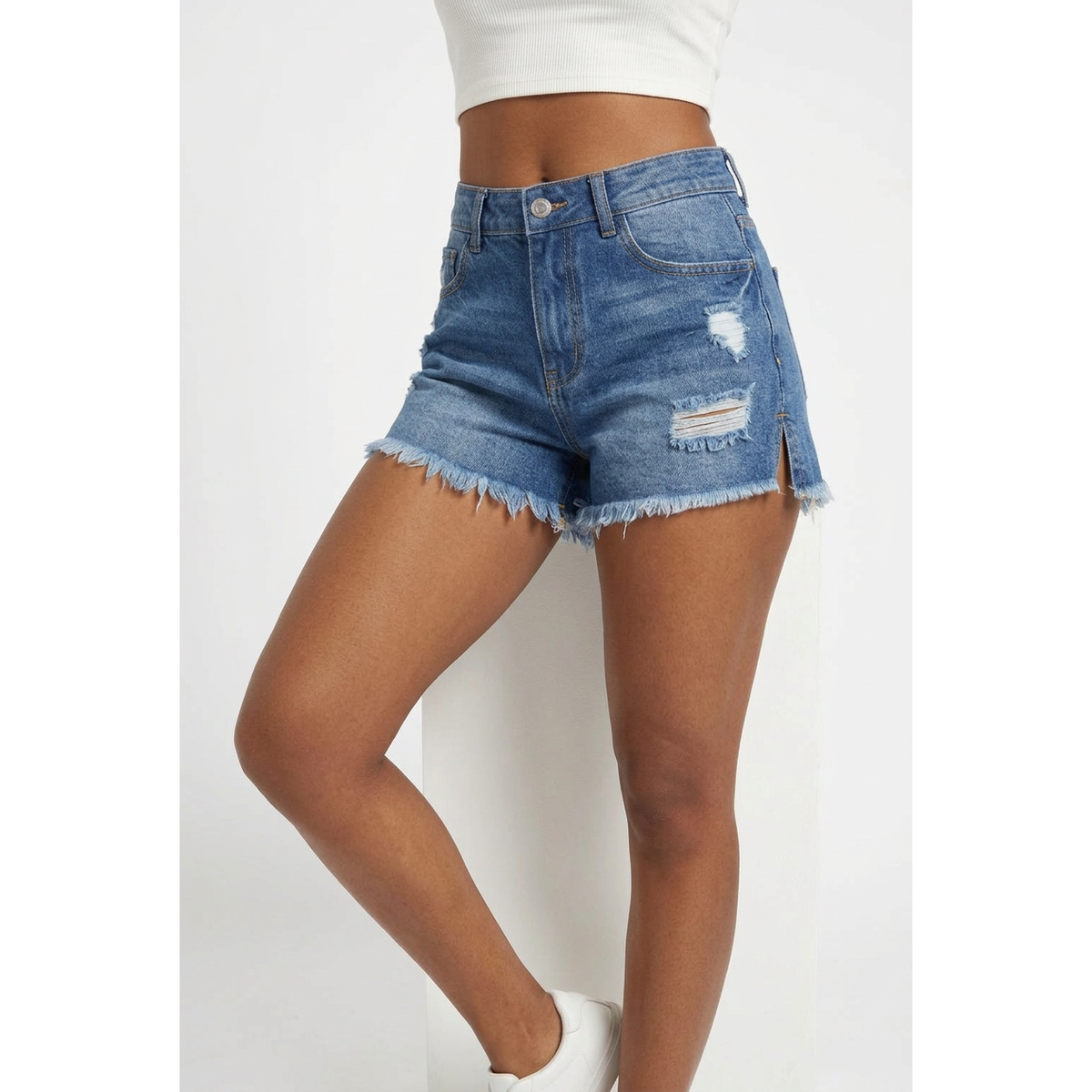 High-Waisted Frayed-Hem Denim Shorts