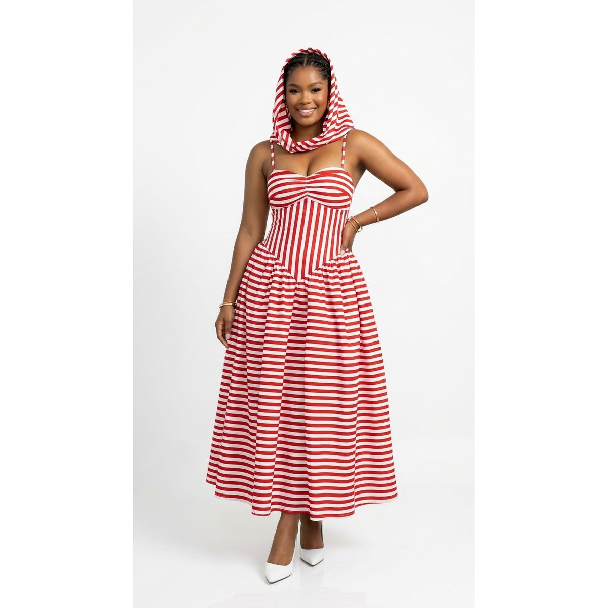 Striped Sweetheart Fit-and-Flare Midi Dress