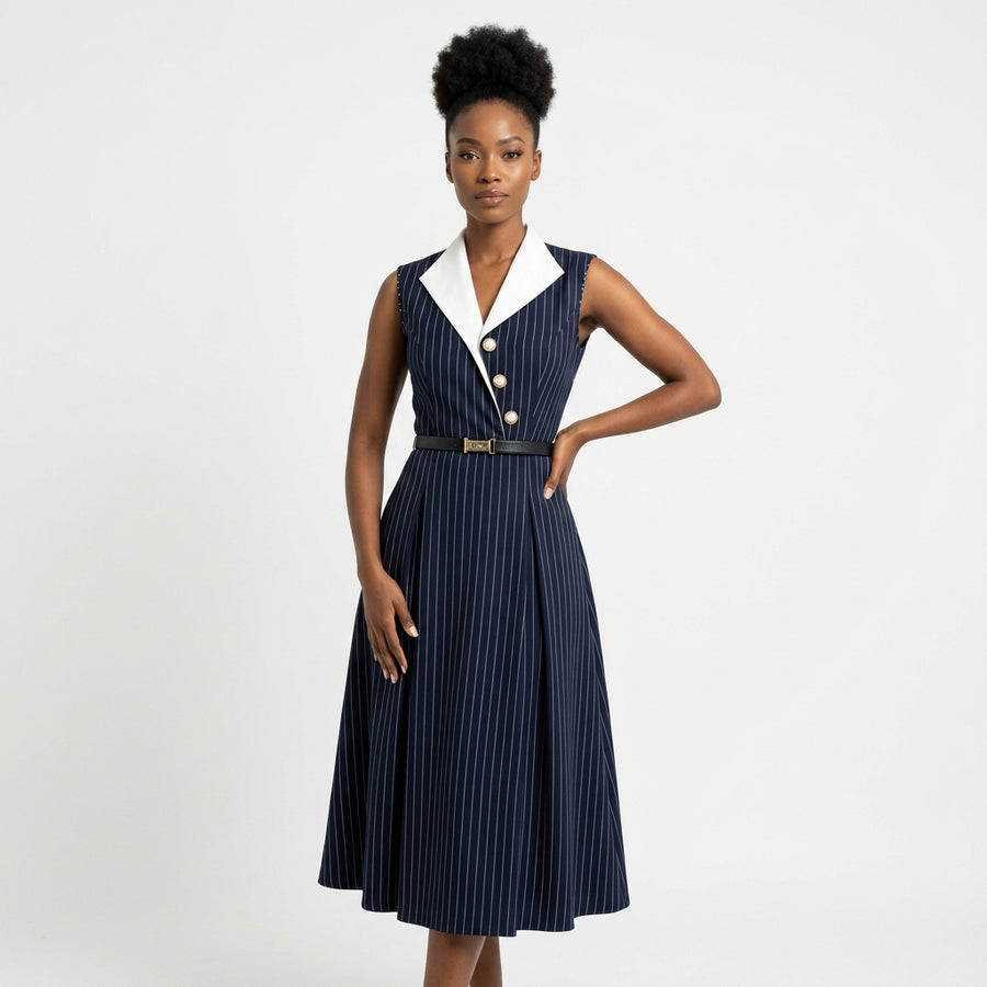 Pinstripe Contrast Collar Belted Midi Dress