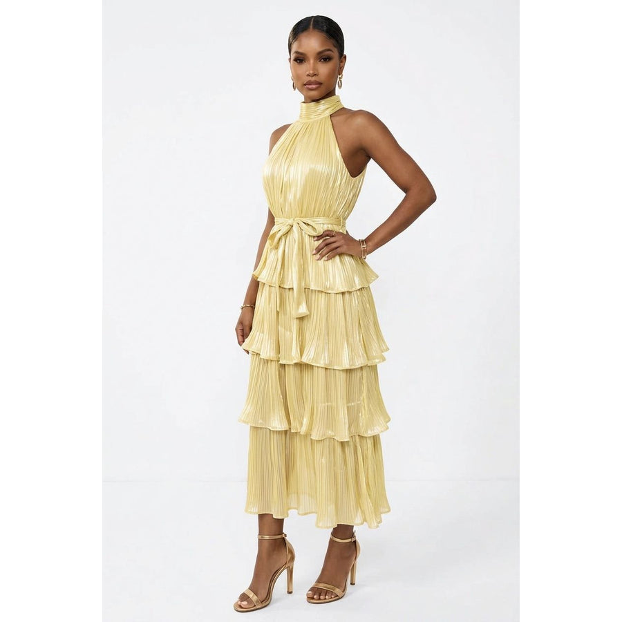High-Neck Halter Tiered Midi Dress with Tie Waist