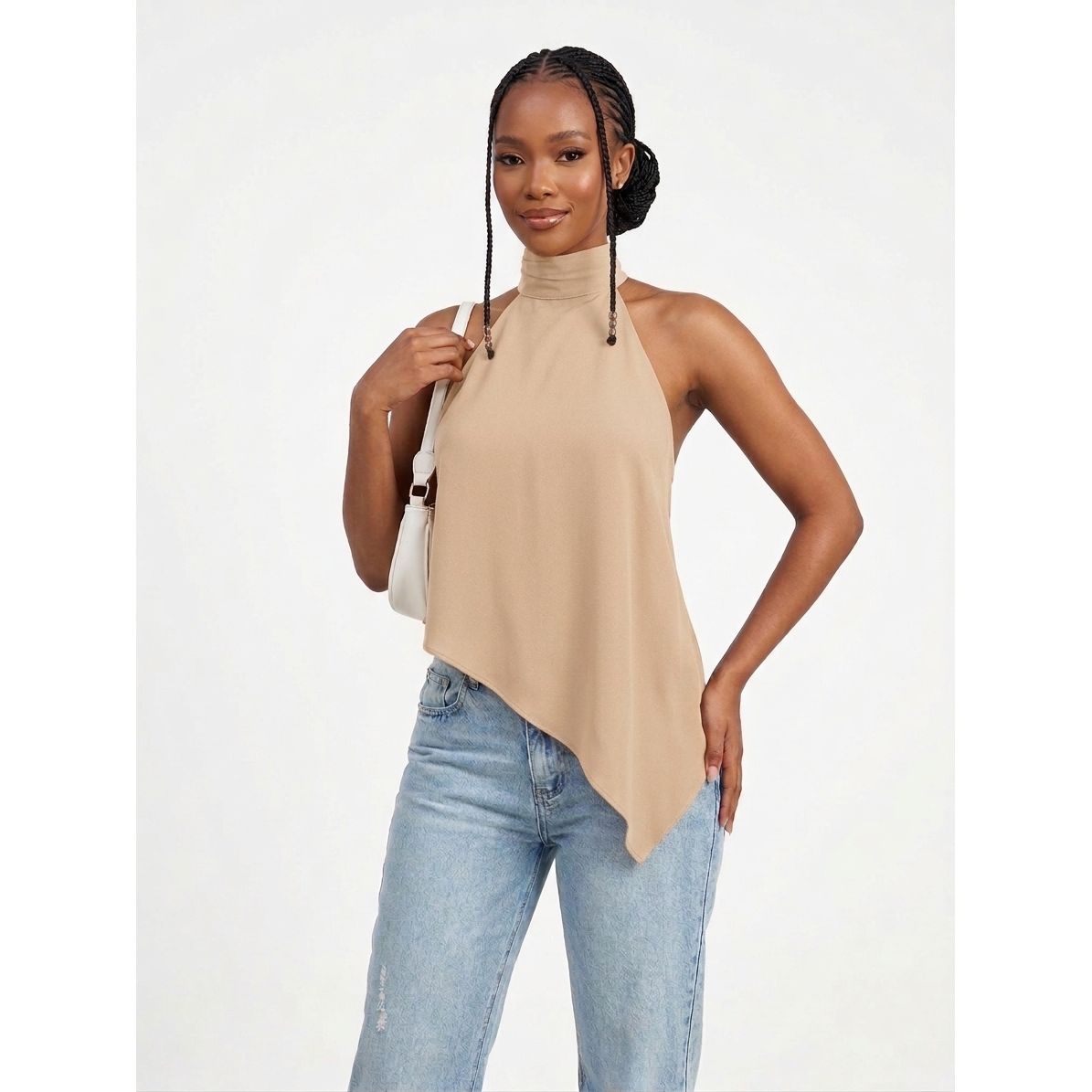 High-Neck Halter Top with Asymmetric Hem