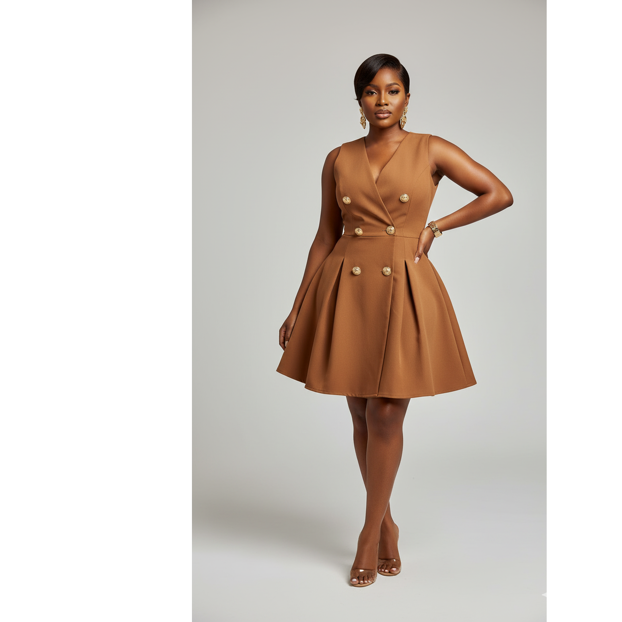 Woman wearing a brown dress with button details on a gray background