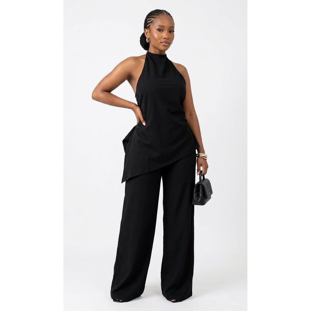 Asymmetric Halter Top and Wide-Leg Trousers Two-Piece Set