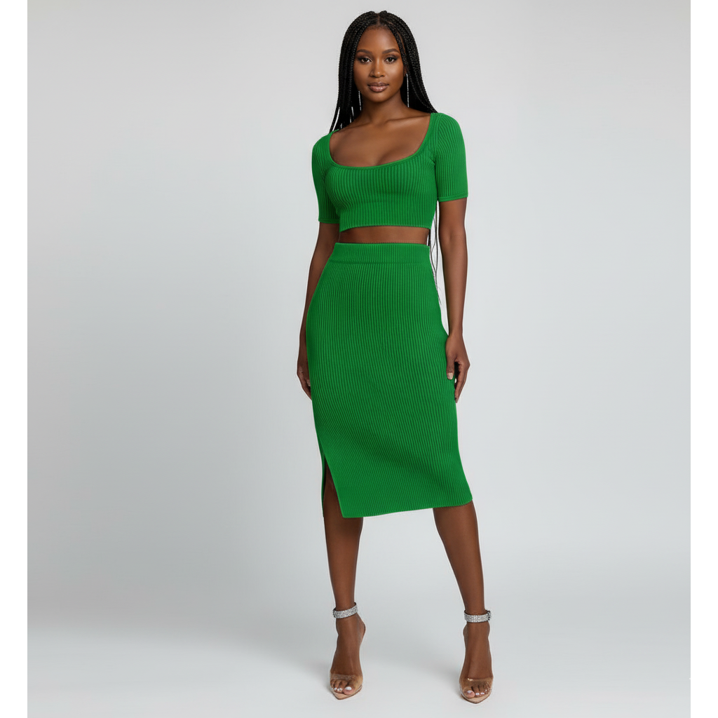 Woman wearing a green two-piece outfit on a white background