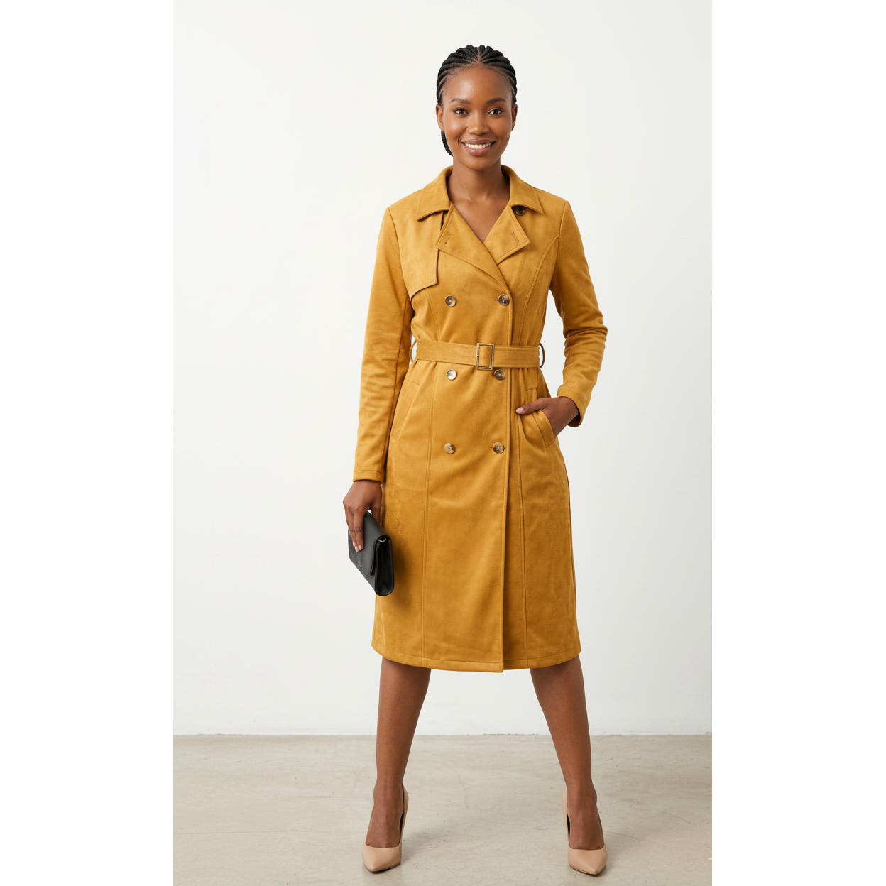 Suede Long Double Breasted Coat