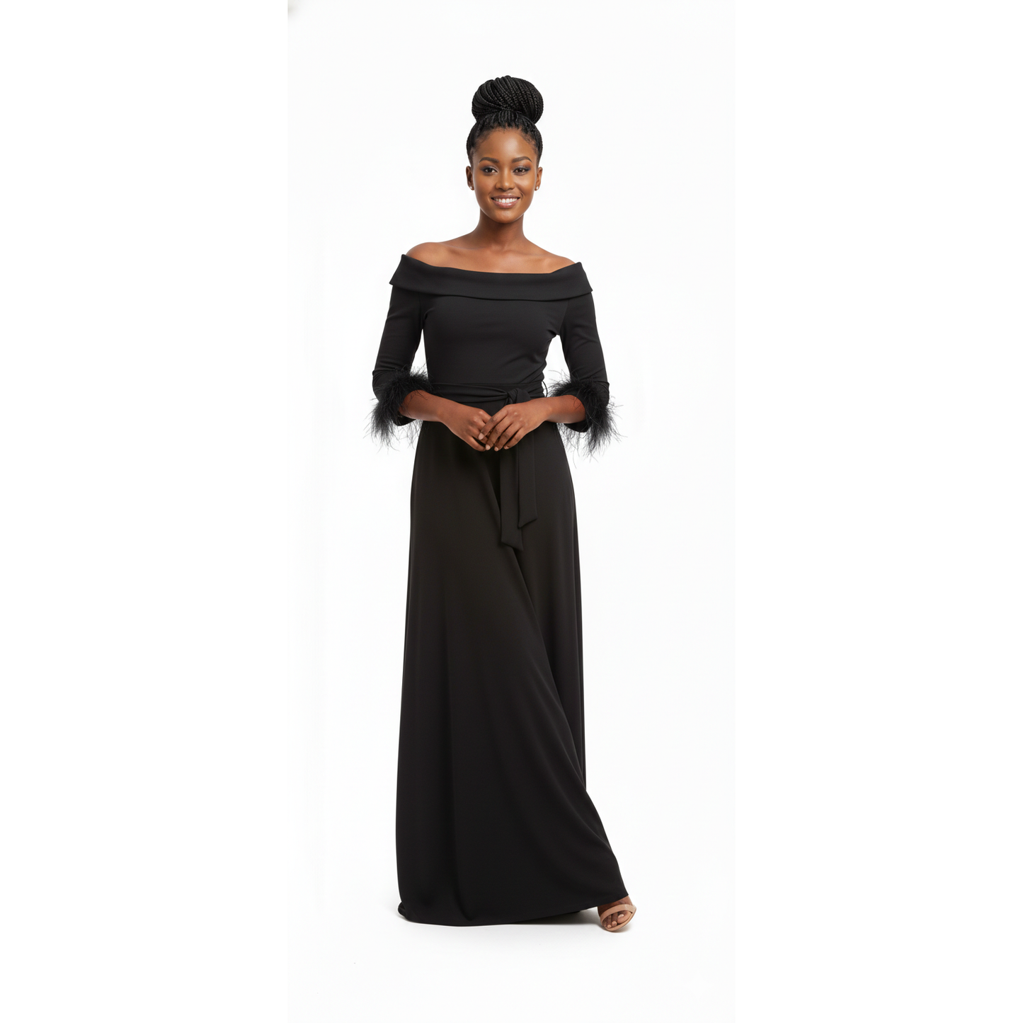 Off-Shoulder High Waisted Pleated Maxi Dress