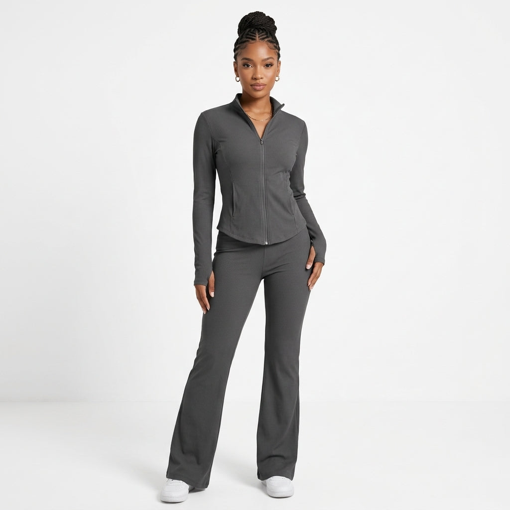 Women's Silky-Feel Jacket & Flared Pants Two-Piece Set