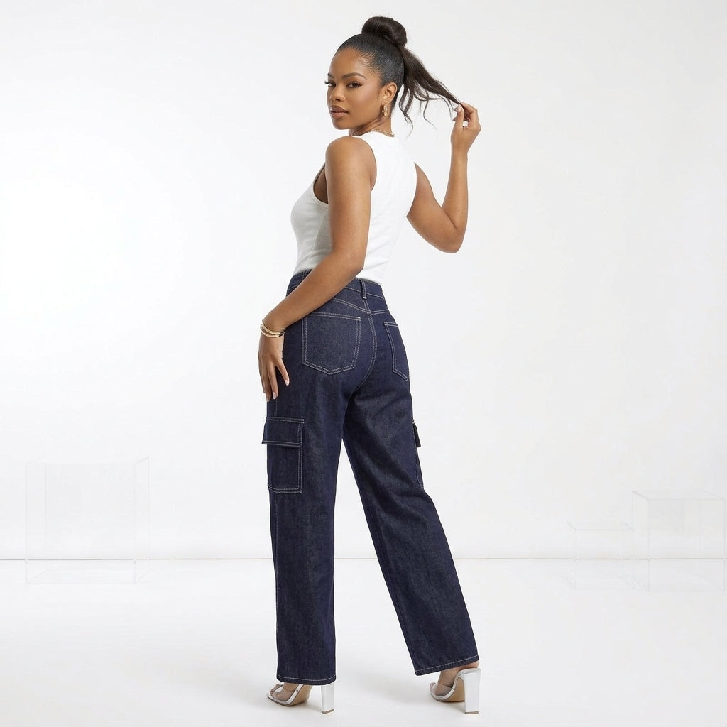 High-Waisted Wide-Leg Cargo Jeans with Contrast Stitching