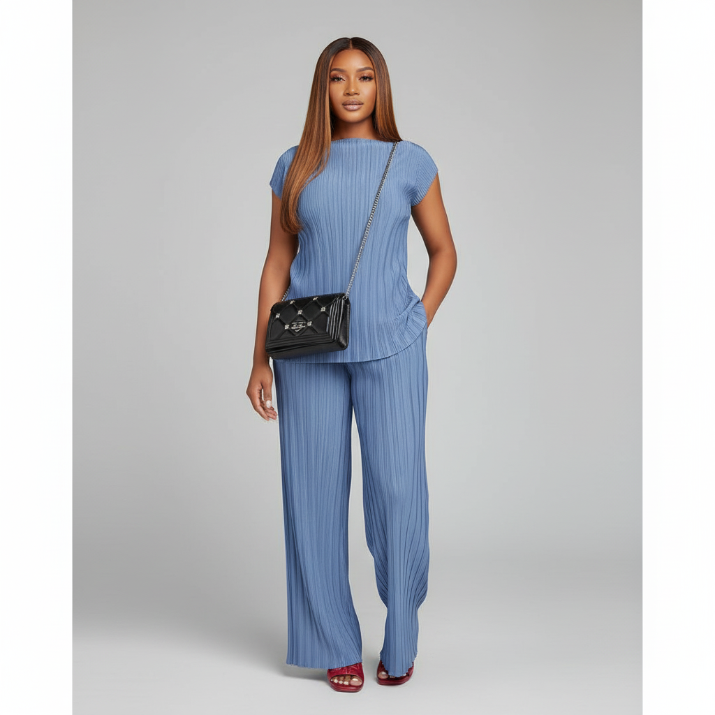 Sleeveless Slim Top and Wide Leg Pants Pleated Outfit Set