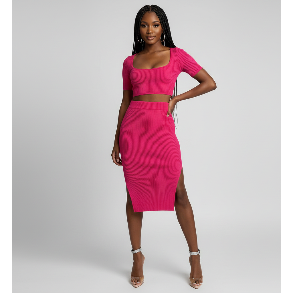 Woman wearing a bright pink two-piece outfit on a gray background