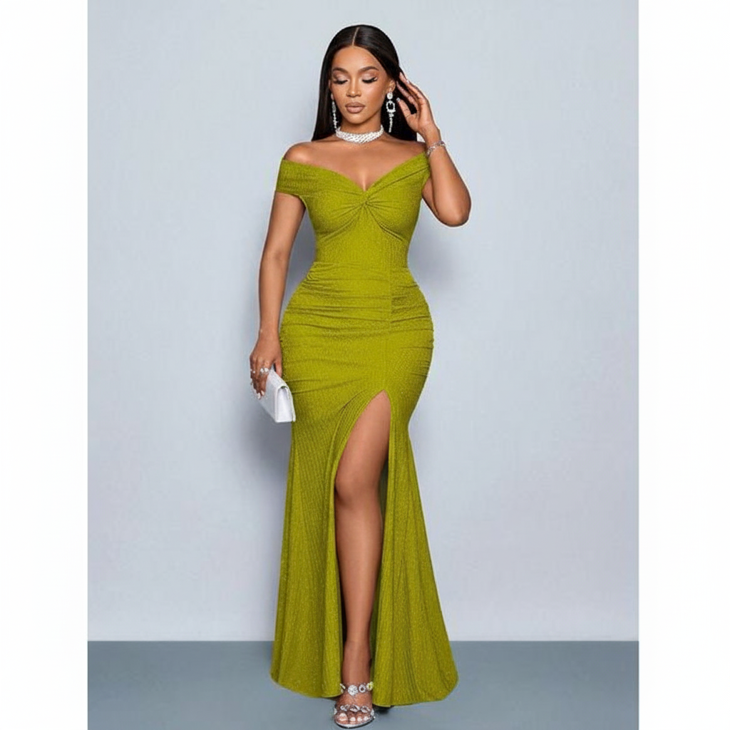 Plain Color Off Shoulder Twist Ruched Slit To Thigh Elegant Dress