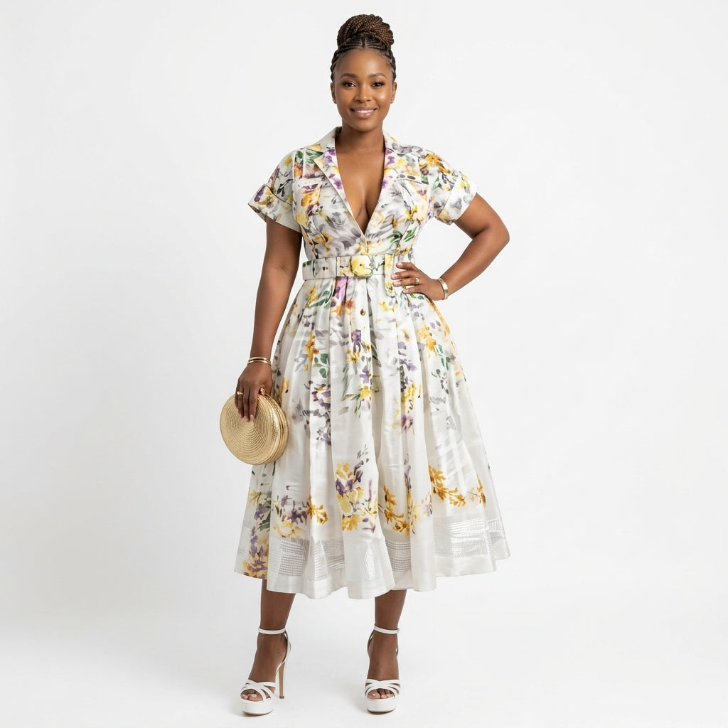 Floral Button-Front Short Sleeve Midi Shirt Dress