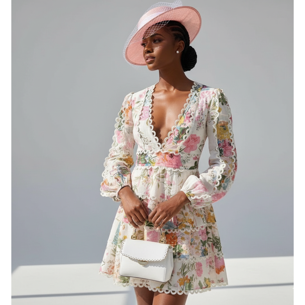 Woman wearing a floral dress and pink hat with a white handbag against a gray background