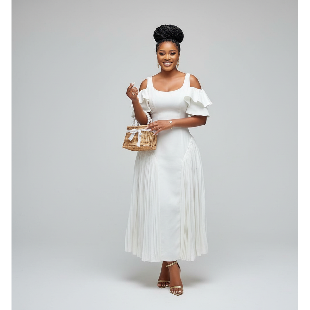 Woman in a white dress holding a woven bag on a gray background