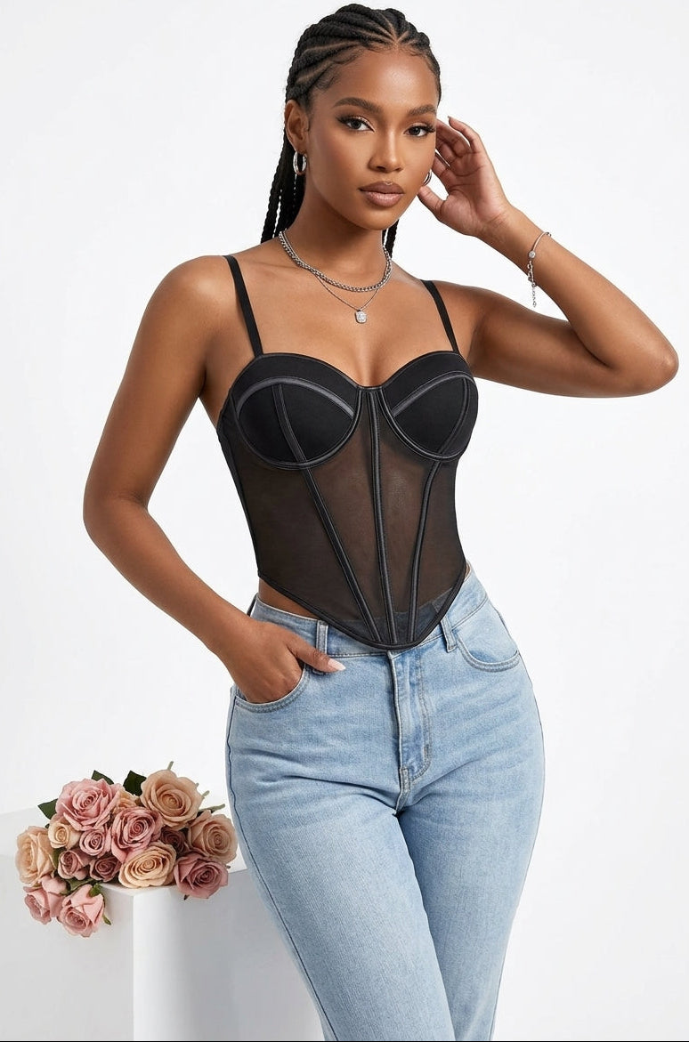 Mesh Panel Boned Corset Cami Top