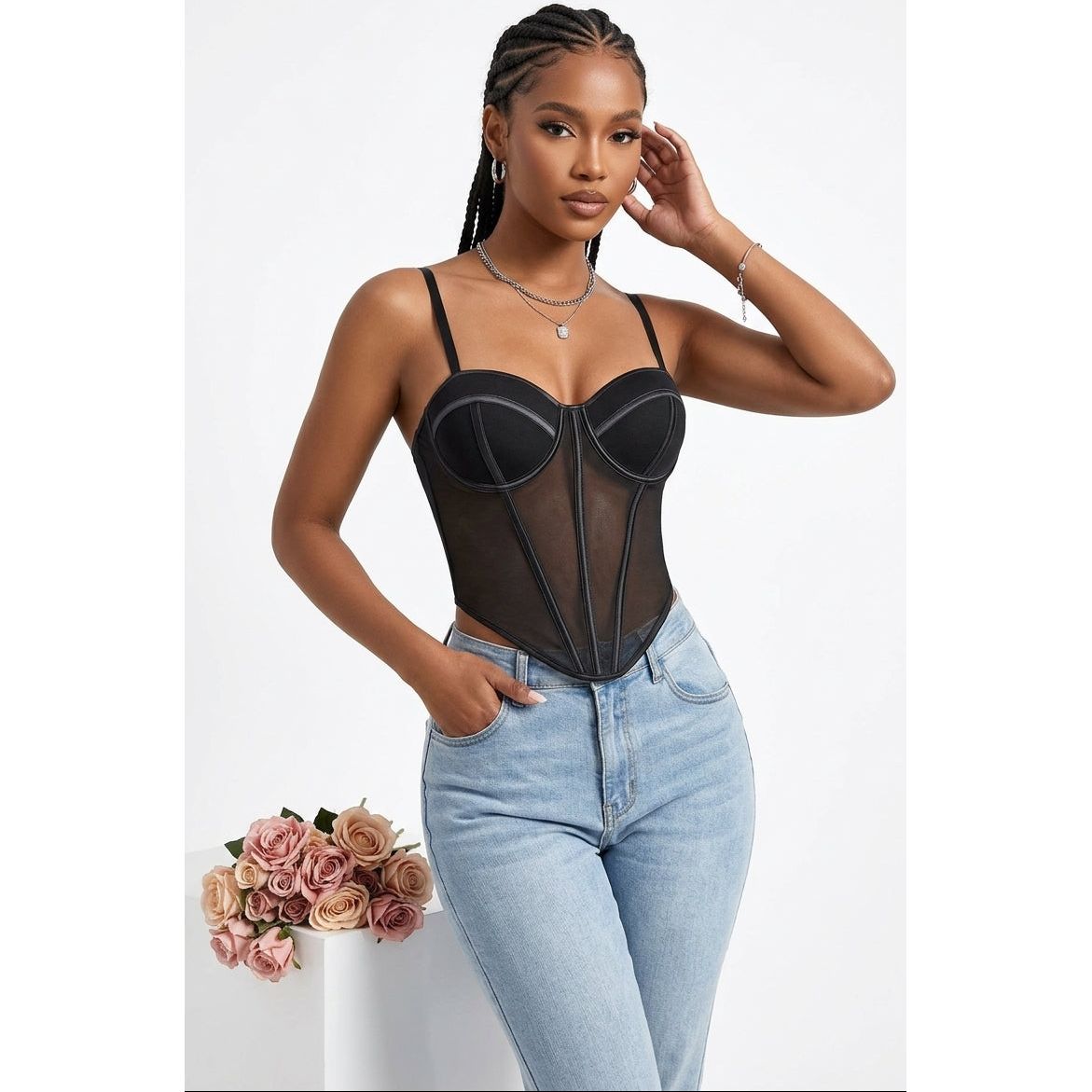 Mesh Panel Boned Corset Cami Top