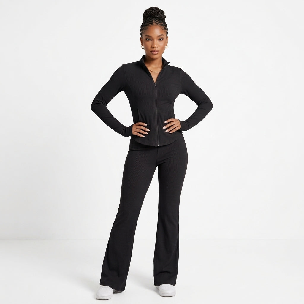 Women's Silky-Feel Jacket & Flared Pants Two-Piece Set