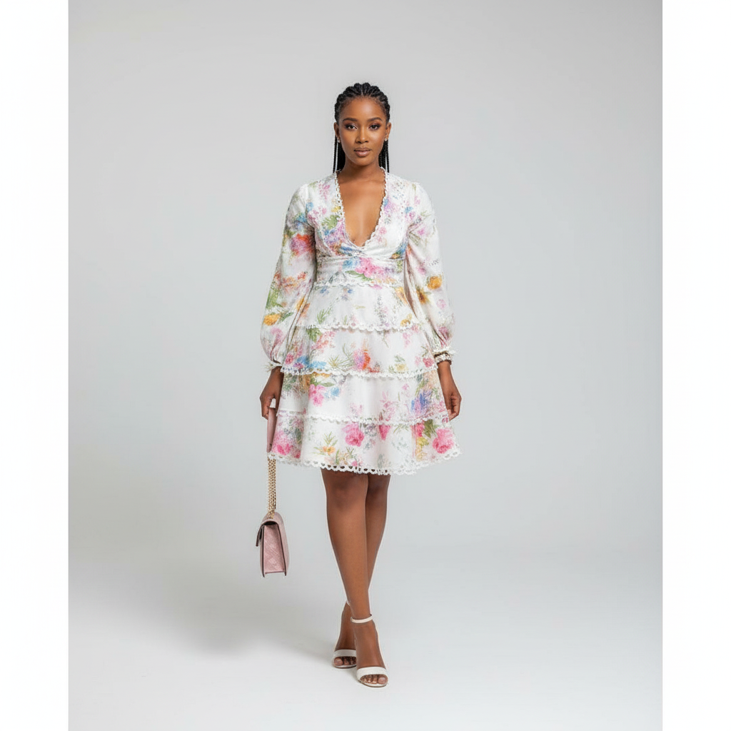 Woman wearing a floral dress with a plain background