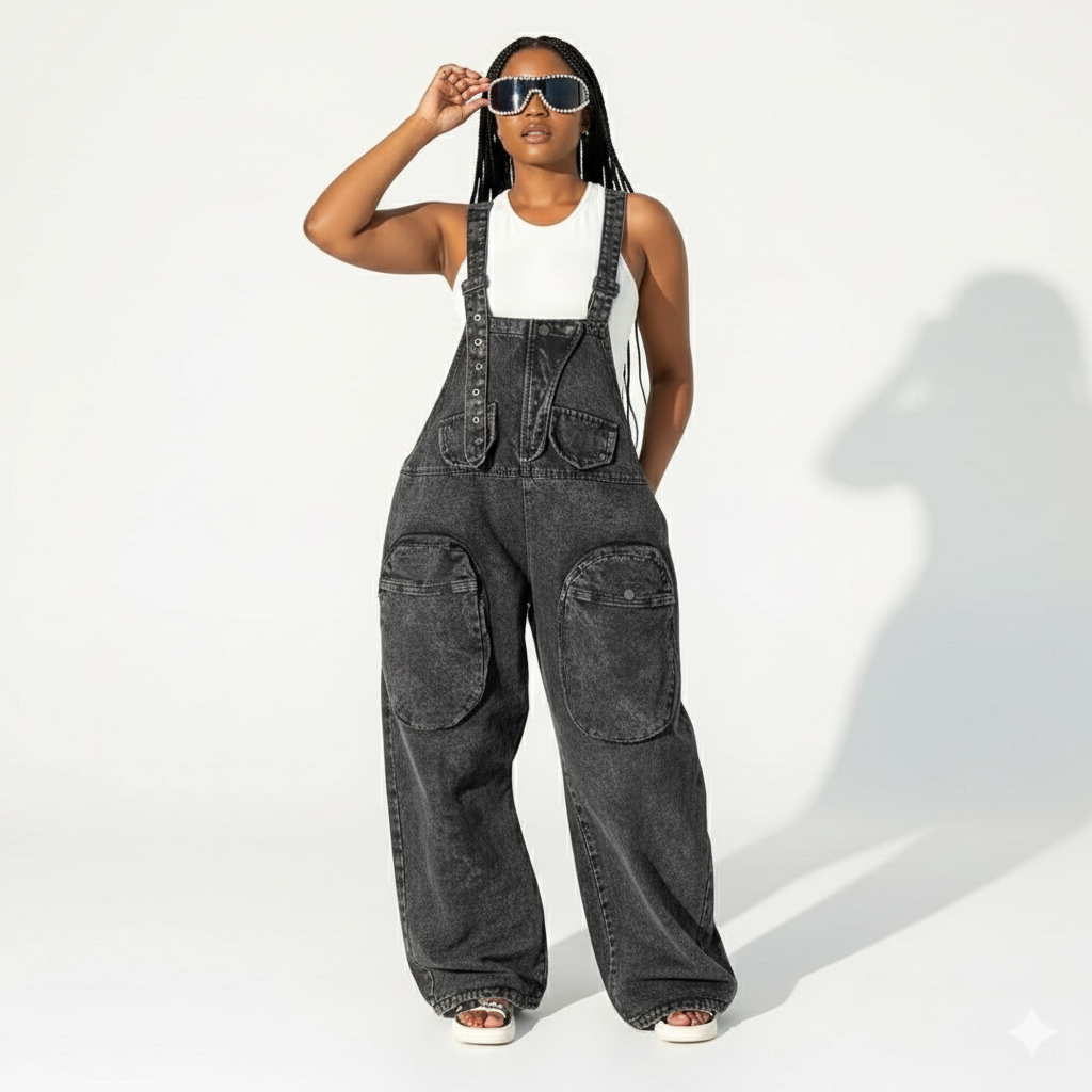 Big Pockets Loose Dungaree Denim Jumpsuit