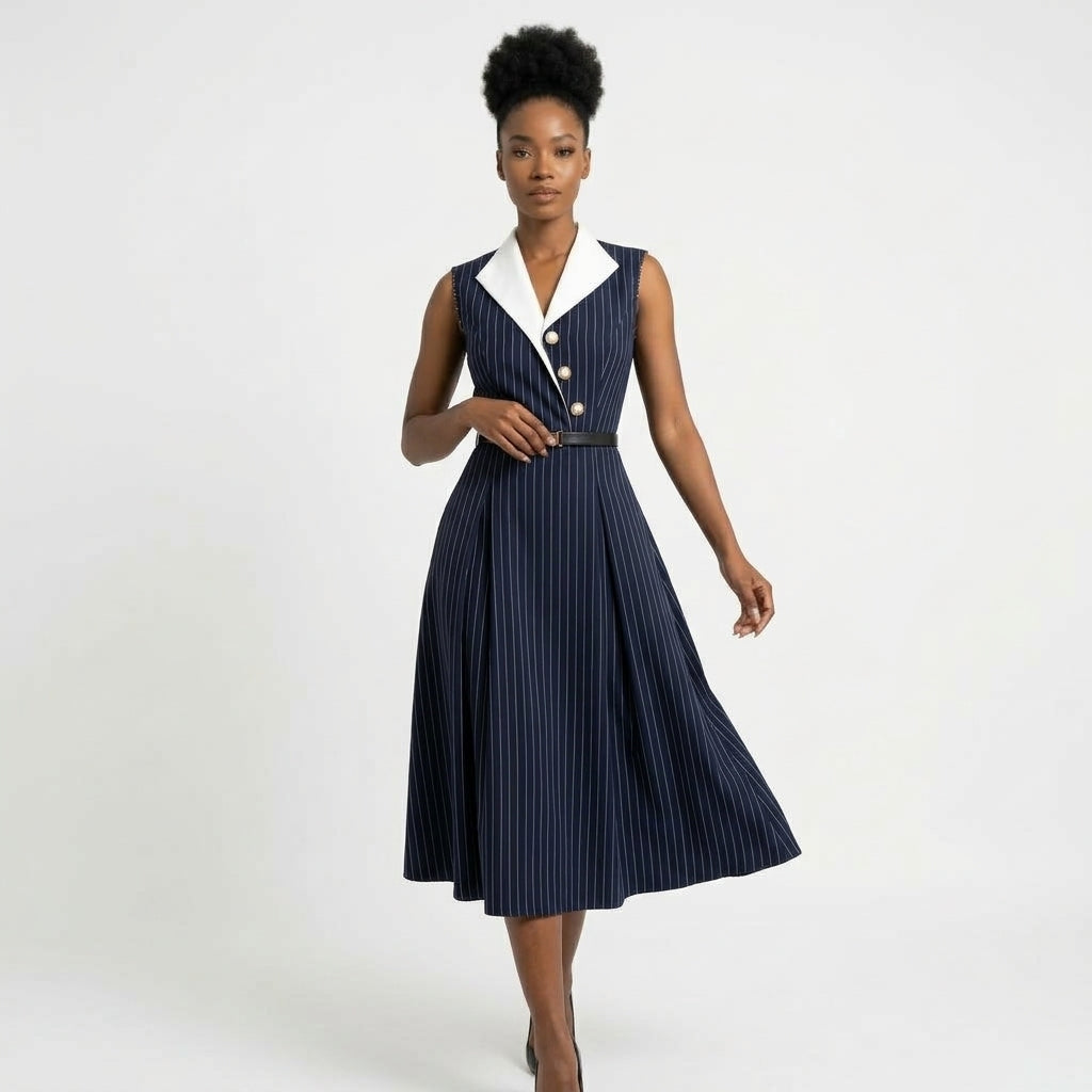 Pinstripe Contrast Collar Belted Midi Dress