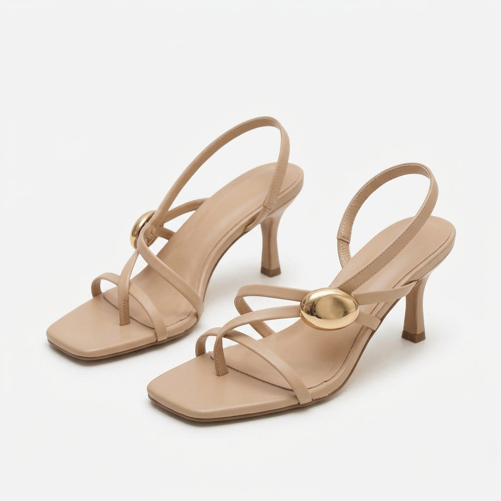 Women's Square-Toe Strappy Heel Sandals with Metallic Detail
