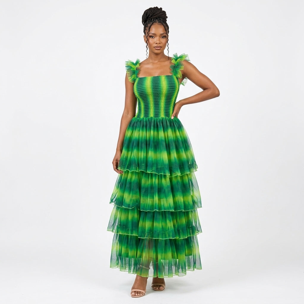 Tiered Smocked-Bodice Maxi Dress