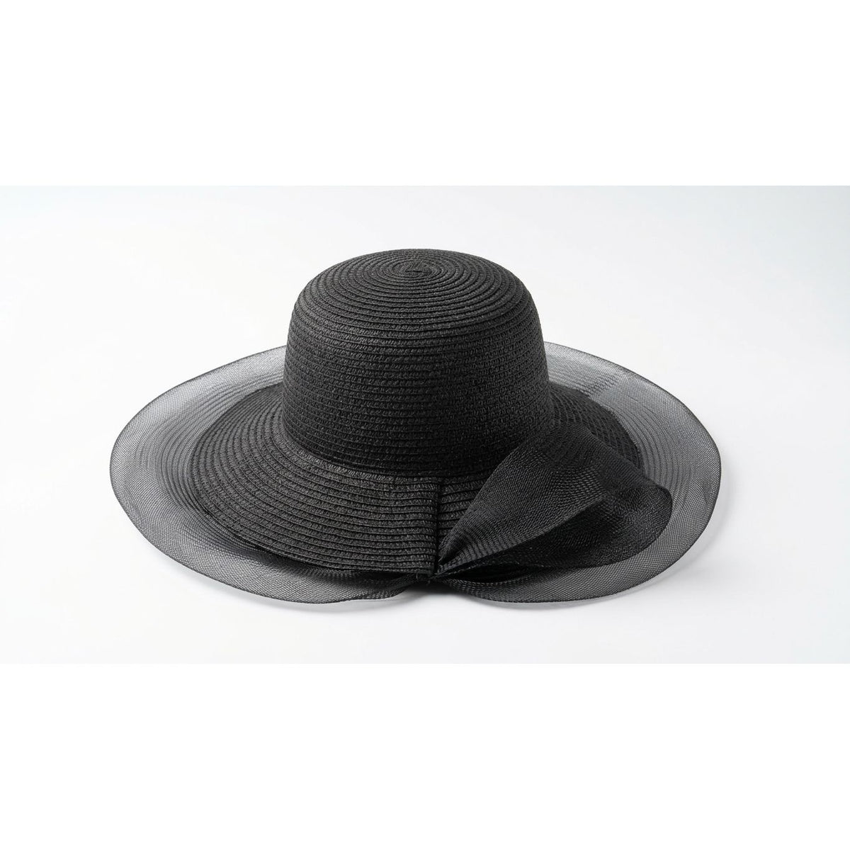 Black Wide-Brim Sun Hat with Organza Mesh & Bow